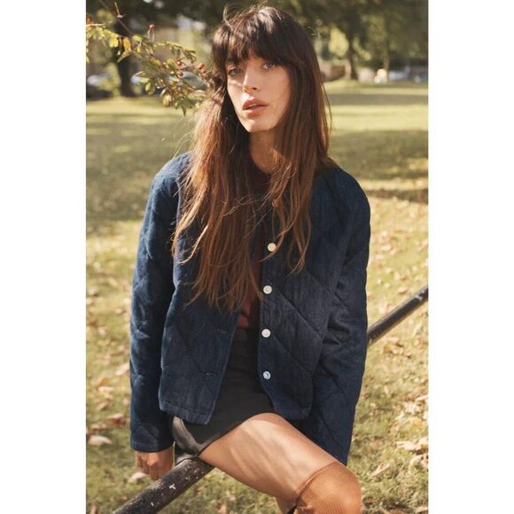 Zara Womens Quilted Denim Jacket XS Blue Button front Long Sleeve  NWT - Picture 1 of 13